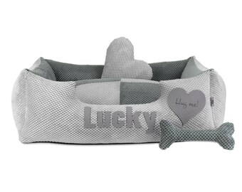 Letto per cani lavabile con tessuto grigio/grigio scuro, personalizzazione del nome dell'animale domestico, biancheria da letto antiallergica per animali domestici, accessorio di lusso per animali domestici, taglia S-XL