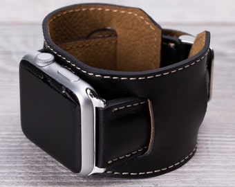 Brazalete de piel negra de grano completo para Apple Watch, 42 mm, 38 mm, 46 mm, 44 mm para series 1-11