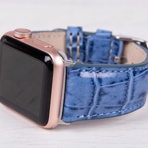 Croco Pattern Blue Leather Apple Watch band, 49mm, 45mm, 44mm, 42mm, 46mm, Personalized Watch Band