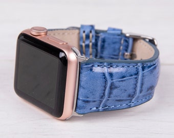 Correa de Apple Watch de cuero azul con patrón croco, 49 mm, 45 mm, 44 mm, 41 mm, 40 mm, banda de reloj personalizada