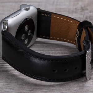 Black leather Apple Watch band with stainless steel buckle