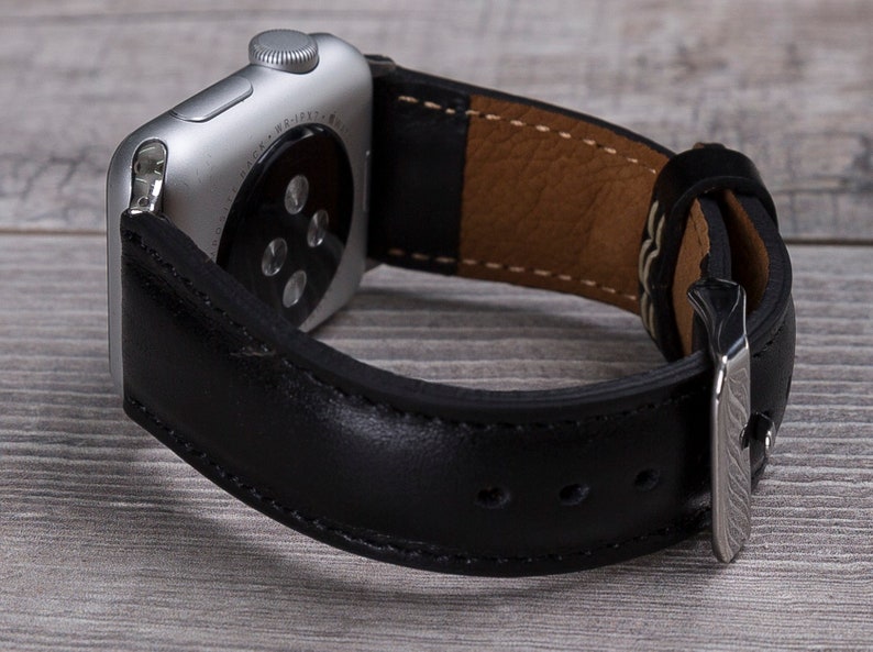 Black leather Apple Watch band with stainless steel buckle