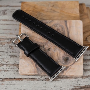 Black leather Apple Watch band with stainless steel buckle