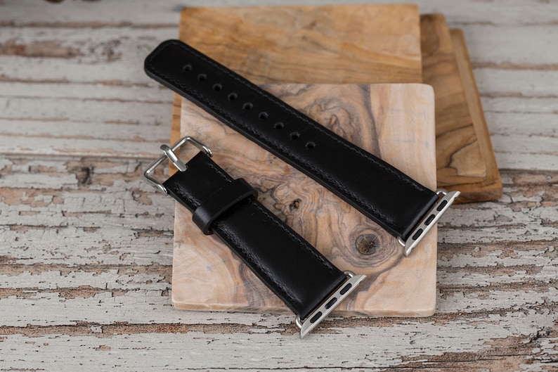 Black leather Apple Watch band with stainless steel buckle