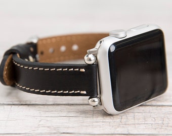 Black Leather Slim Apple Watch band, 42mm, 41mm, 40mm, 44mm, Free Shipping