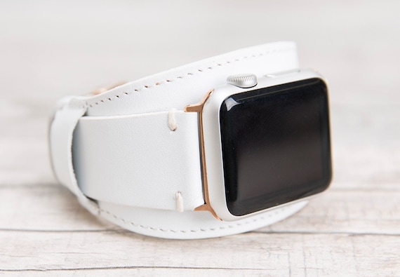 ホワイトレザーのApple Watchカフ：フルグレインバンド、ハンドメイド 