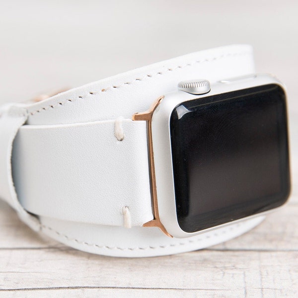 Full Grain White Leather Apple Watch Cuff, 45mm, 49mm, 42mm, 38mm, 40mm, 44mm, Free Shipping