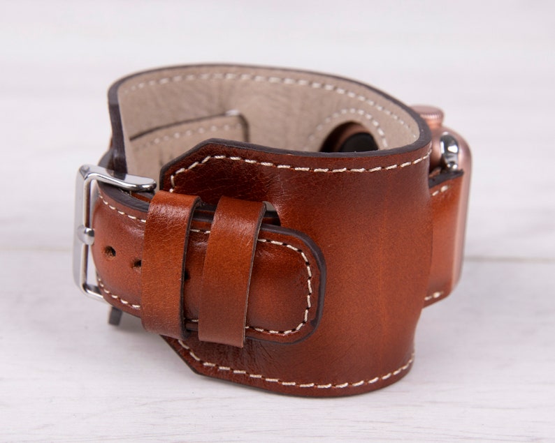 Brown Full Grain Leather Apple Watch cuff, 42mm, 38mm, 40mm, 44mm, 41mm, 49mm, 45mm for series 1-9, Ultra, Free Shipping image 6