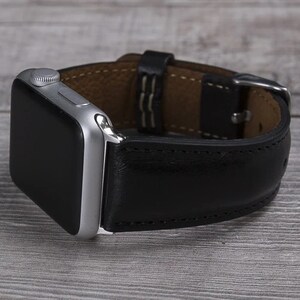 Black leather Apple Watch band with stainless steel buckle