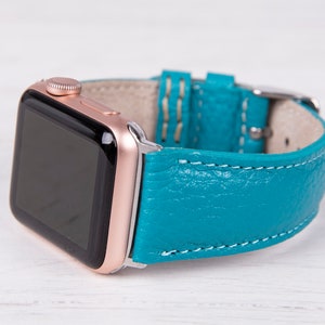 Turquoise leren Apple Watch-band, 49 mm, 45 mm, 44 mm, 41 mm, 46 mm voor series 1-10, SE en Ultra, gegraveerd Apple-bandje