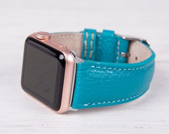 Turquoise Leather Apple Watch band, 49mm, 45mm, 44mm, 41mm, 40mm for series 1-9, SE & Ultra, Engraved Apple Band