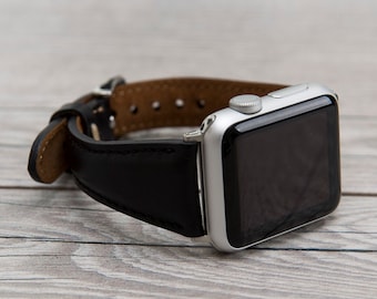 Black Leather Slim Apple Watch band, 42mm, 41mm, 40mm, 44mm, Free Shipping