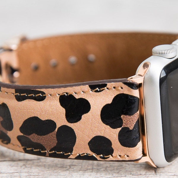Bracelet Apple Watch en cuir pleine fleur à motif léopard pour séries 1-9, SE et Ultra, livraison gratuite