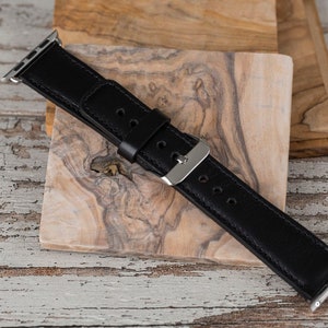 Black leather Apple Watch band with stainless steel buckle