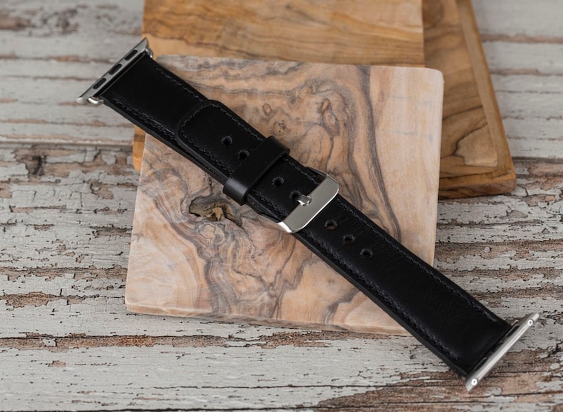 Black leather Apple Watch band with stainless steel buckle