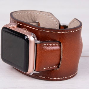 Brown Full Grain Leather Apple Watch cuff, 42mm, 38mm, 40mm, 44mm, 41mm, 49mm, 45mm for series 1-9, Ultra, Free Shipping image 1