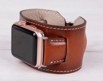 Brown Full Grain Leather Apple Watch cuff, 42mm, 38mm, 40mm, 44mm, 41mm, 49mm, 45mm for series 1-9, Ultra, Free Shipping