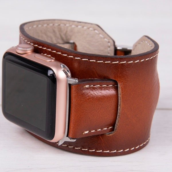 Brown Full Grain Leather Apple Watch cuff, 42mm, 38mm, 40mm, 44mm, 41mm, 49mm, 45mm for series 1-9, Ultra, Free Shipping