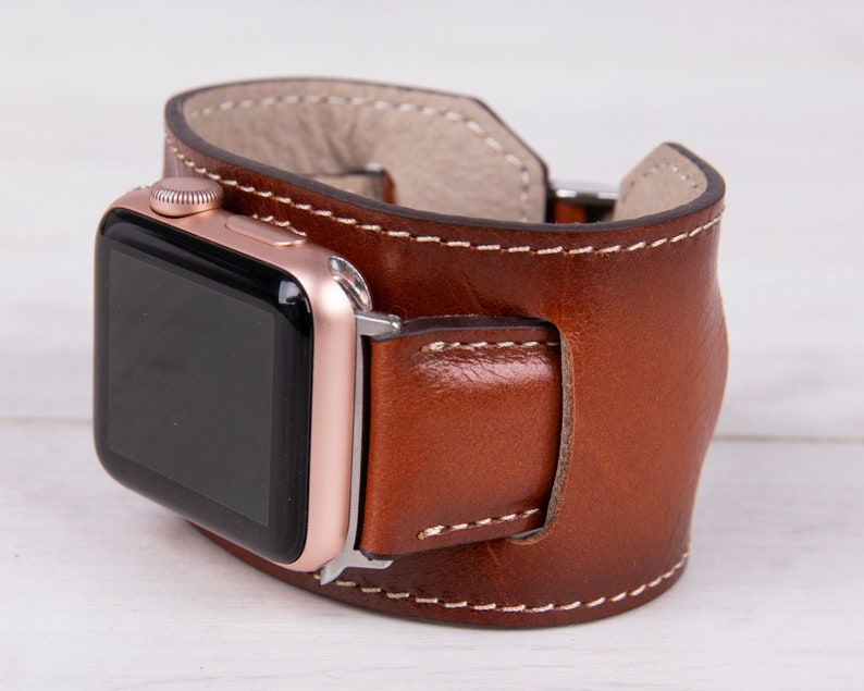 Brown Full Grain Leather Apple Watch cuff, 42mm, 38mm, 40mm, 44mm, 41mm, 49mm, 45mm for series 1-9, Ultra, Free Shipping image 1