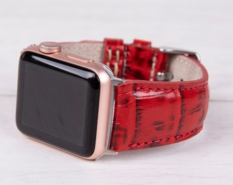 Croco Pattern Red Leather Apple Watch band, 49mm, 45mm, 44mm, 41mm, 40mm for series 1-9, SE & Ultra, Free Shipping