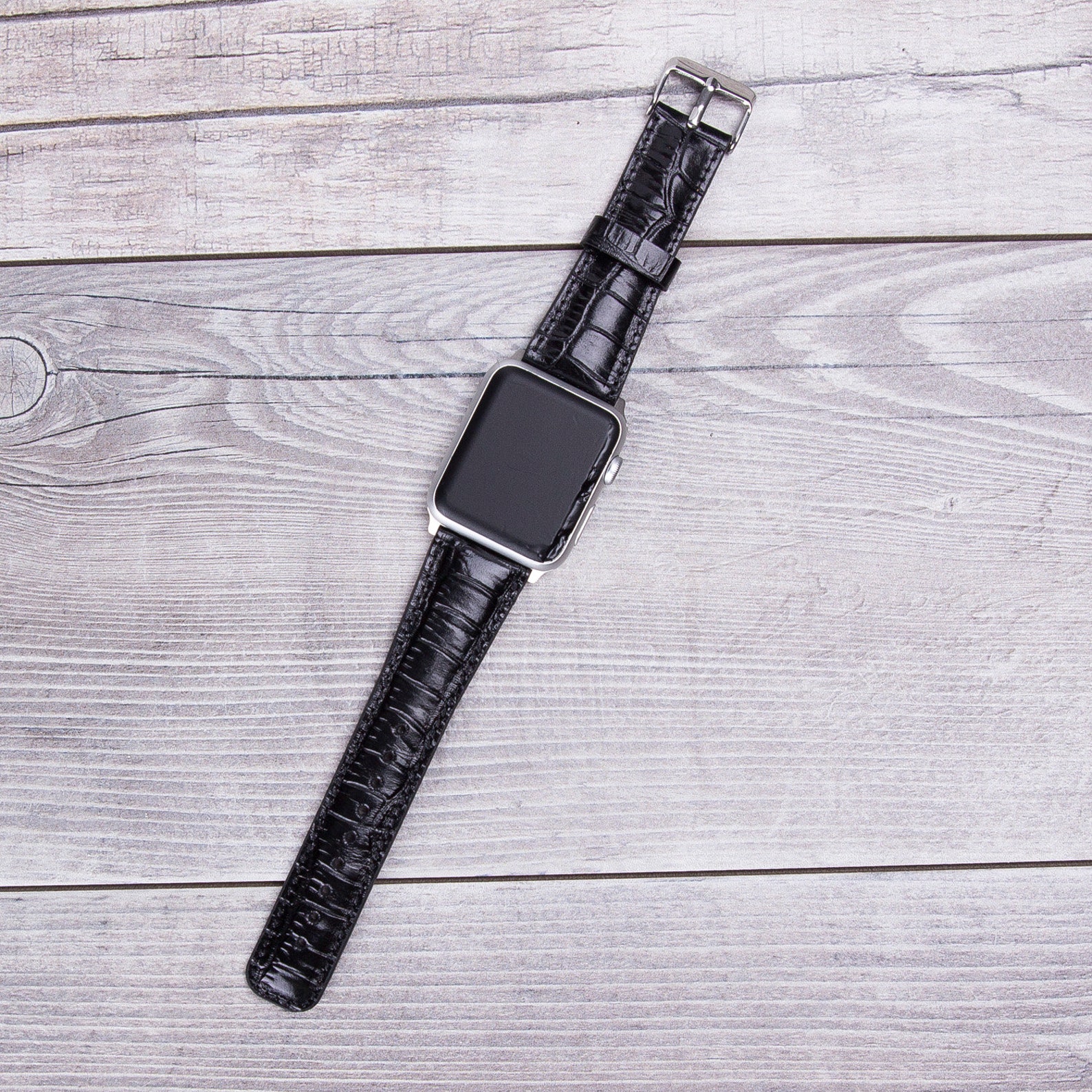 Croco Pattern Black Leather Apple Watch Band for Series 1-11, SE 1-3 ...
