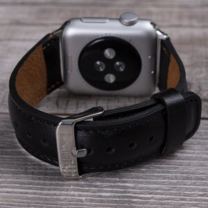 Black leather Apple Watch band with stainless steel buckle