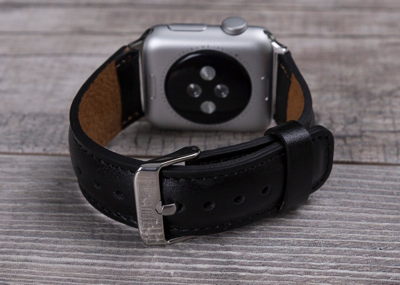 Black leather Apple Watch band with stainless steel buckle