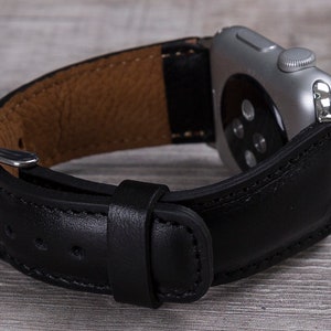 Black leather Apple Watch band with stainless steel buckle