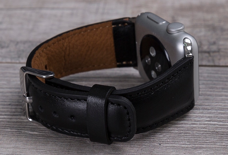 Black leather Apple Watch band with stainless steel buckle