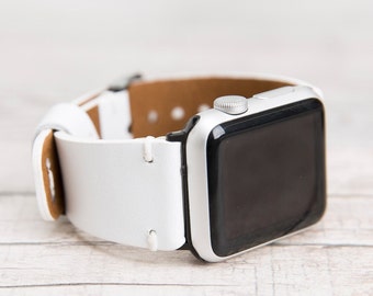 Banda de Apple Watch de cuero de grano completo blanco 49 mm, 40 mm, 44 mm, 45 mm, 41 mm, banda de Apple personalizada