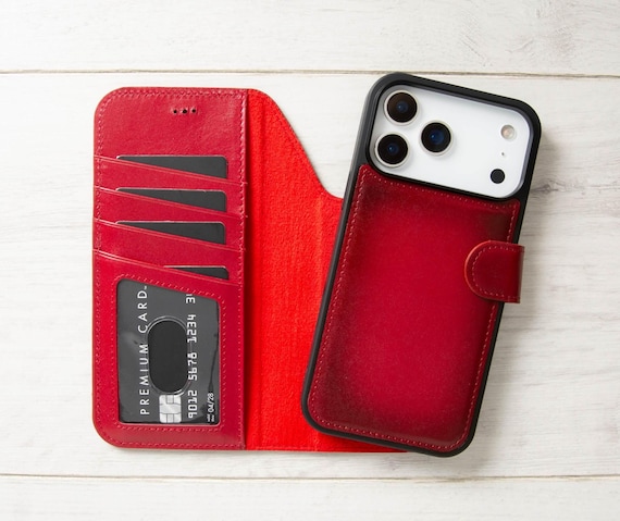 Étui portefeuille en cuir fait main pour iPhone 17 Pro - MagSafe, béquille, blocage RFID, amovible 2-en-1 - France