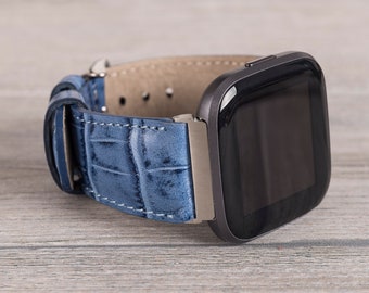 Correa Fitbit de piel con estampado de cocodrilo azul: Versa 1, 4, Lite, Sense/Sense 2