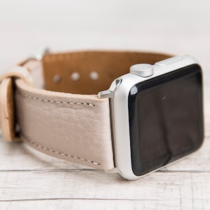 Personalized Beige Full Grain Leather Apple Watch Band 46mm, 44mm, 42mm, 45mm, 49mm for series 1-10 & Ultra, SE, Free Shipping