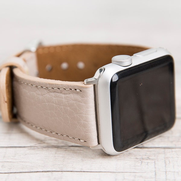 Personalisiertes Beige Vollnarbenleder Apple Uhrenarmband 40mm, 44mm, 41mm, 45mm, 49mm für die Serien 1-9 & Ultra, SE, kostenloser Versand