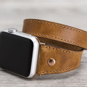 Camel Brown Slim Double Wrap Leather Band (Rose Gold Rivet)
