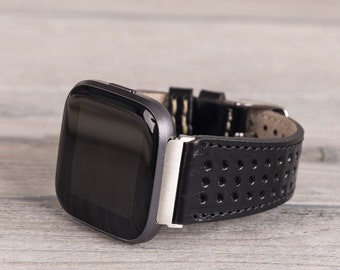Black Perforated Leather Fitbit Band: Versa 1-4-Lite-Sense/Sense 2