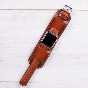 Brown Full Grain Leather Apple Watch cuff, 42mm, 38mm, 40mm, 44mm, 41mm, 49mm, 45mm for series 1-9, Ultra, Free Shipping image 5
