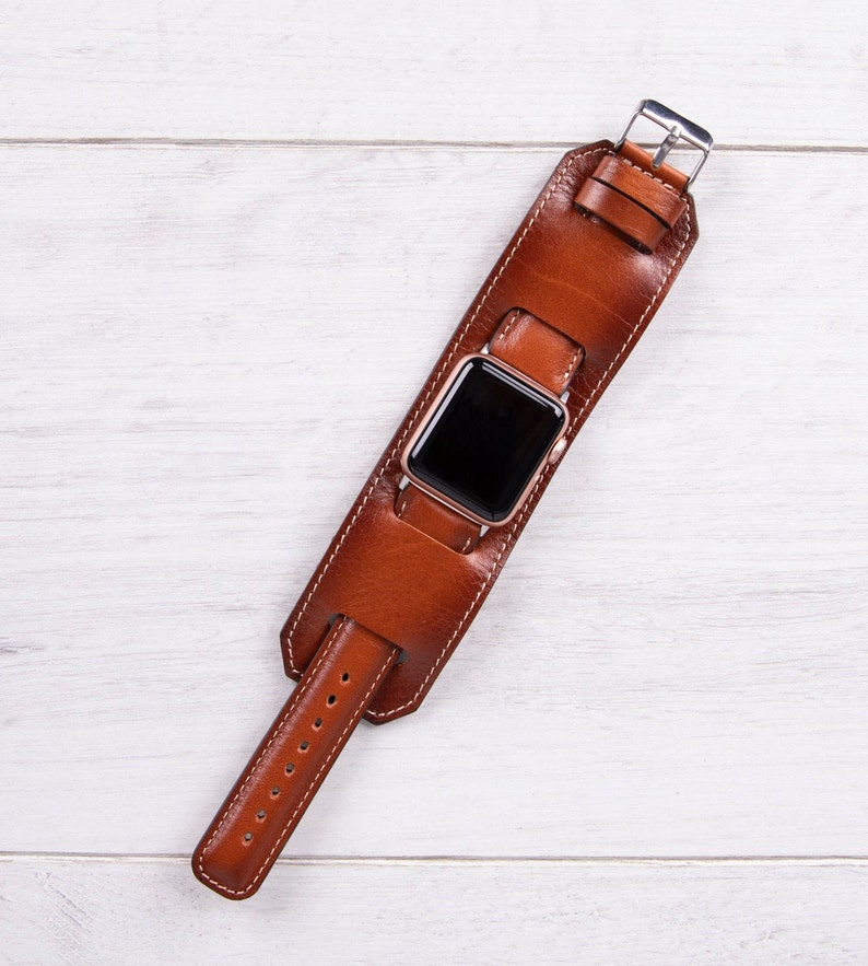 Brown Full Grain Leather Apple Watch cuff, 42mm, 38mm, 40mm, 44mm, 41mm, 49mm, 45mm for series 1-9, Ultra, Free Shipping image 5