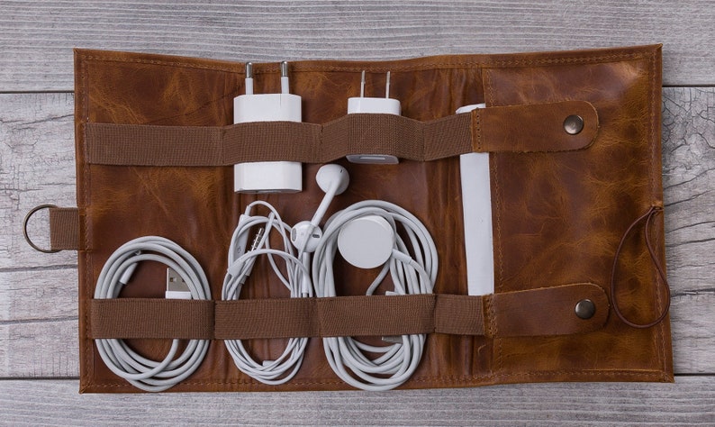 Camel Brown Color Leather cable organizer, Cord Organizer FREE SHIPPING image 1
