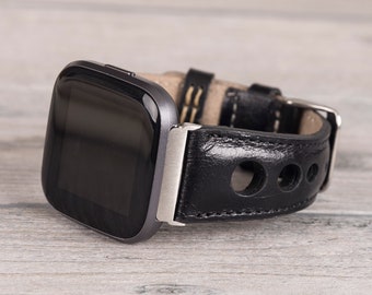 Black Holo Leather Fitbit Band: Versa/Sense Series, Full Grain Strap