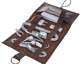 Brown leather cable organizer, Cord Organizer FREE SHIPPING