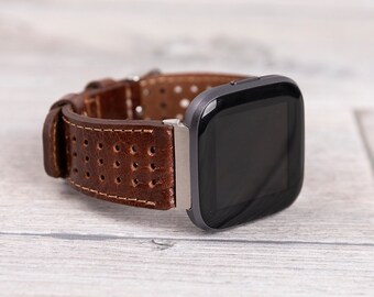 Correa de cuero marrón oscuro perforada para Fitbit Versa 1, 4, Lite, Sense y Sense 2