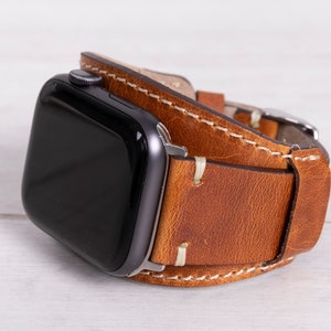 Camel Brown Full Grain Leather Apple Watch Cuff for series 1-9, SE, Ultra