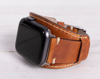 Camel Brown Full Grain Leather Apple Watch Cuff for series 1-9, SE, Ultra