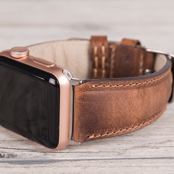 Bracelet Apple Watch en cuir pleine fleur brun vieilli pour les séries 1-9, SE et Ultra, à personnaliser