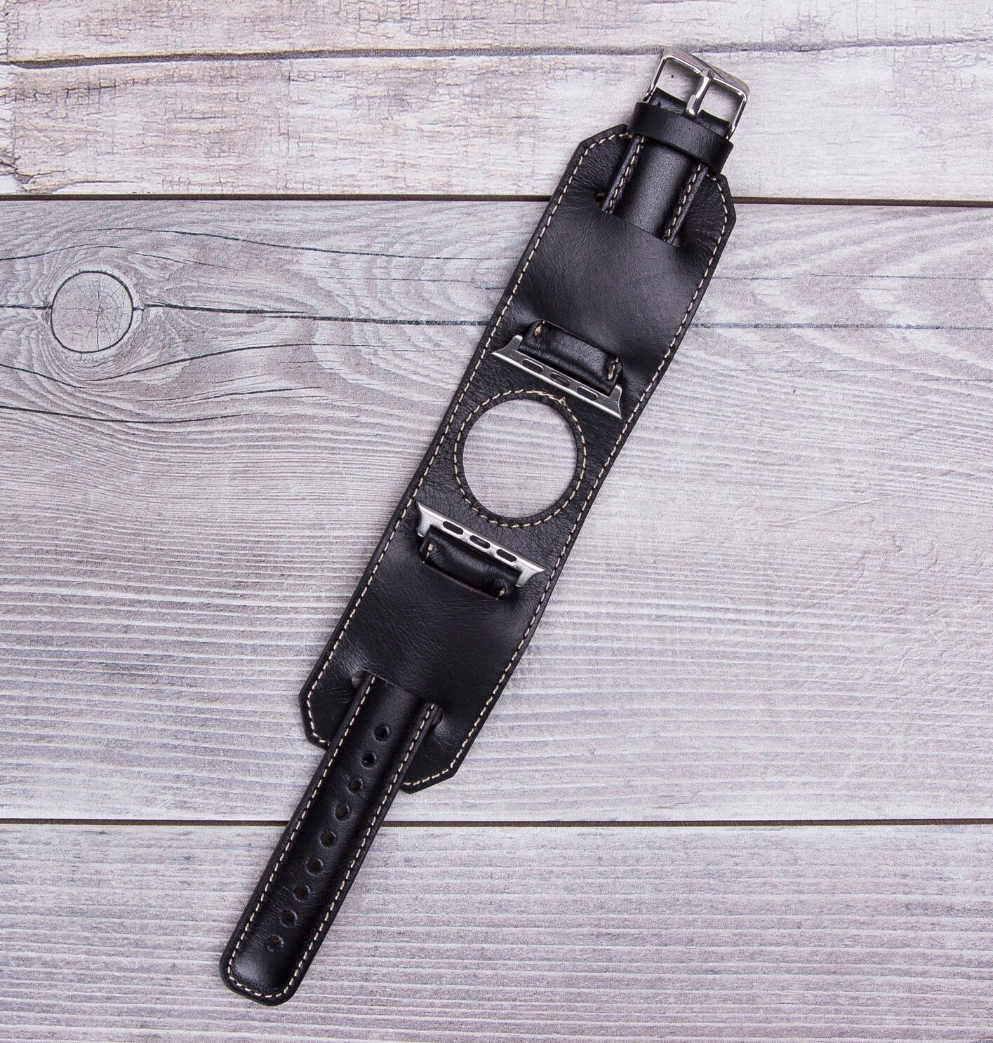 Full Grain Black Leather Apple Watch Cuff, 42mm, 38mm, 46mm, 44mm for ...