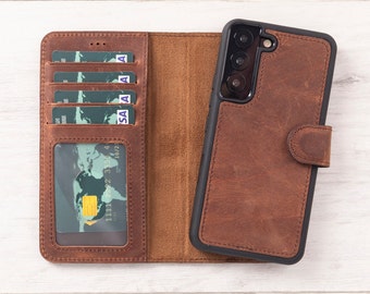 Antic Brown Leather Magnetic Wallet Case for  Galaxy S22-S23-S24-S25, Free Shipping, RFID Protection