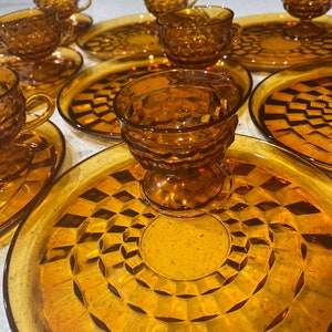 Vintage Indiana Glass Whitehall Cube Amber 4 Place Snack Set, fall, autumn, wedding, dinner party, thanksgiving