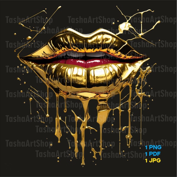 Dripping gold Lips, Sublimation Design, Vibrant Pictures, Printable, Transparent Background, Download, T-Shirts, Clip art