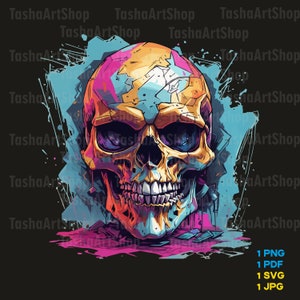Skull, illustration, Mystical style, Punkrock, Digital painting, T-shirt print design, Bright, Art clipart, no background, PNG, SVG